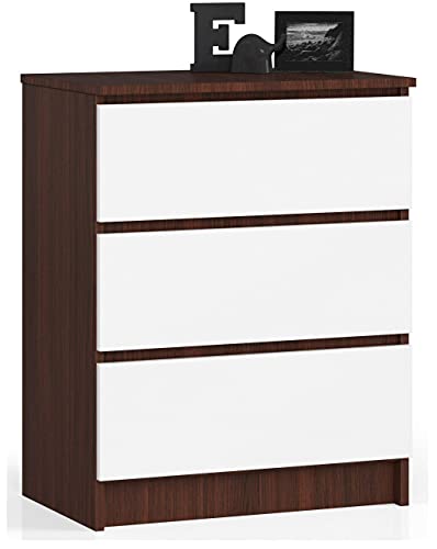 AKORD Cómoda K60 con 3 cajones | Credenza Alta | Mueble Moderno para Sala de Estar, Comedor, Dormitorio, Entrada, baño | Armario Infantil | 60x77x40 cm 25 kg | Wenge & Blanco Frente
