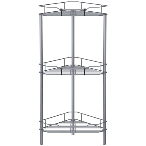Image of HuggieGems 3 Tier Floor Standing Corner Shower Caddy Organizer Shelf with Hooks, Bathroom Shelves Stand Rack, Dark Gray