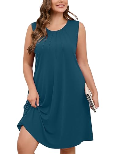AusLook Plus Size Midi Dress for Women Sleeveless Casual Summer Indigo Blue 4X Tank Dress with Pockets Round Neck A-Line Swing Flowy Solid Color Travel Vacation Sundress