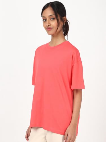 Image of Bewakoof Women's Solid Oversized Fit Half Sleeve Round Neck Cotton Jersey T-Shirt
