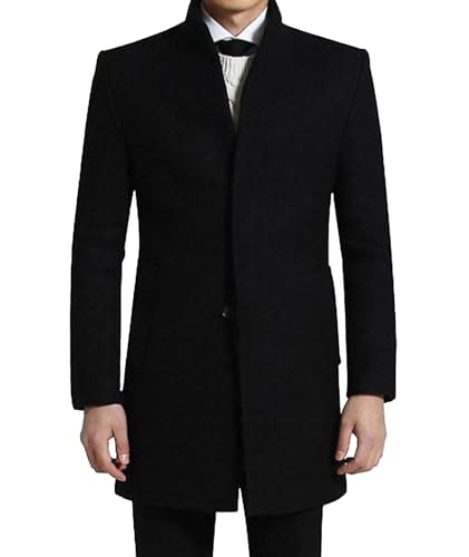 xxxiticat Mens Wool Blend Pea Coat Black Suit Jacket Stand Collar Single Breasted Long Overcoat Winter Trench Coat Peacoat(BL XL)