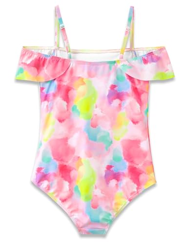 Image of Dvenki Big Girls Asymmetric Cutout Swimsuit Adjustable Straps Sizes 6X-16 | color block, leopard, tropical prints, front lined swimwear, removable pads, suitable for beach, vacation, pool play