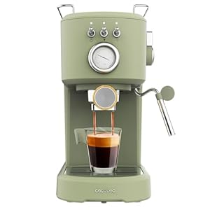 Cecotec Espressomaschine Compact Power Espresso 20 Retro Green 1100 W, 20 bar, Thermoblock-System, schwenkbarer Dampfgarer, Filterarm mit Doppelausgang und 2 Filter, 1,25 Liter