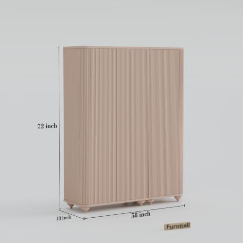 Image of 3 Door Wardrobe Almirah for Bedroom, 72 Inch | Premium HDHMR Wooden Cupboard with Hanging Rod & Storage Compartments | Fluted Push-to-Open Clothes Organizer Cabinet | Taupe Finish