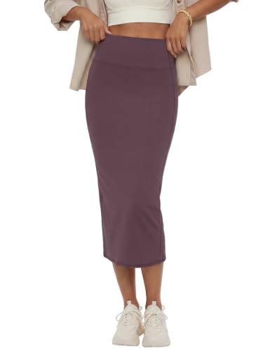 Image of Rooscier Women's High Waisted Pencil Midi Skirt | Stretchy Bodycon Knee Length Skirts with Back Slit