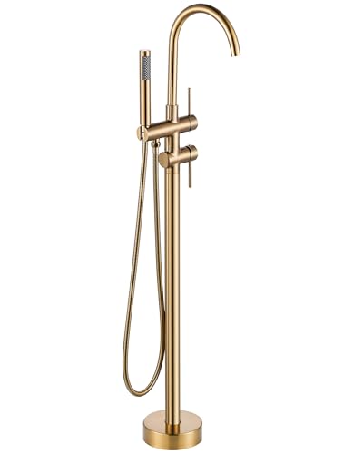 Freestanding Bathtub Faucet Brushed Gold Floor Mount Tub Filler High Flow Brass Shower Faucets with Handheld Sprayer for Bath