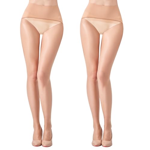 Aaronano 2 Pairs Women's Sheer Seamless Pantyhose Shiny Tummy Control Tights 20D High Elastic Shimmer Silk Stockings(Natural Nude,L)