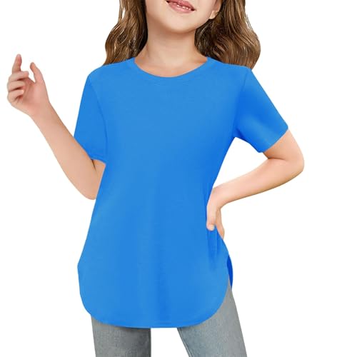 Girls Curve Hem Short Sleeve Shirt Side Slit Casual Crewneck Soft Tops Lightweight Solid Tuni𝗰 Blouse for Kids