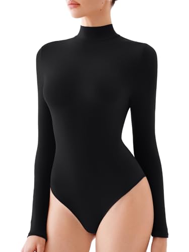 REORIA Womens Mock Turtleneck Body Suits Long Sleeve Bodysuits Fall Winter Double Lined Soft Basic Slim Tight Layering Tops Trendy Outfits 2026(Black Medium)