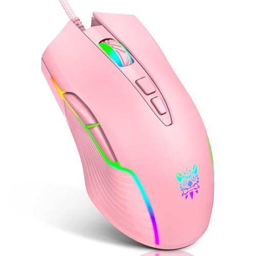 ONITOON Pink Wired Gaming Mouse, USB Optical Computer Mice with RGB Backlit, 6 Adjustable DPI Up to 6400, Ergonomic and Cute Girls Mouse with 7 Programmable Buttons for PC/Laptop/Windows/Mac