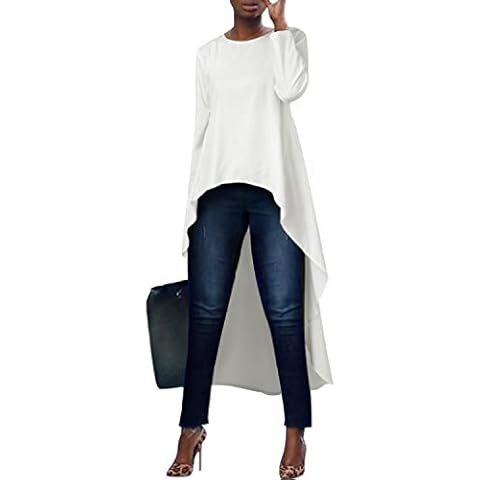 kenoce Womens Long Sleeve Casual Tops Loose O Neck Ruffle Long Blouse Irregular High Low Hem Maxi Dress Pullover Shirts Off White Size S/UK 8 Cover