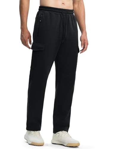 TBMPOY Men's Fleece Lined Sweatpants Winter Straight Leg Open Bottom Warm Cargo Pockets Cotton Running Lounge