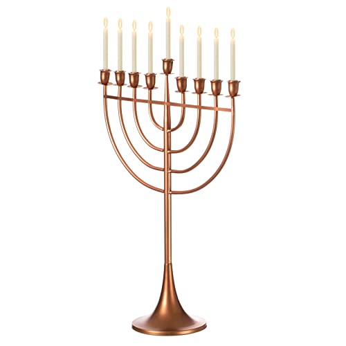 Modern Solid Metal Judaica Hanukkah Menorah 9 Branched Candelabra, Copper Finish Medium