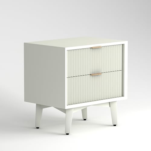 Image of CRAFT D ARTS Wooden Bedside Table for Bedroom | Wooden Bed Side Nightstand Lamp Table with 2 Drawers for Home & Hotels | Side Table for Living Room | HDMR Premium Wood & Iron Legs | White