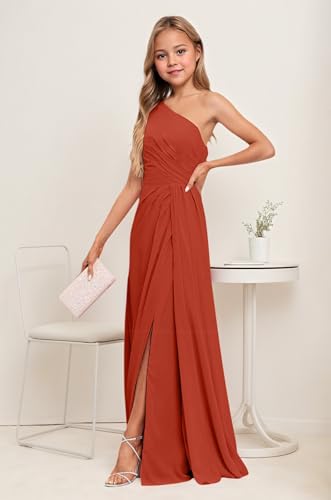 Chiffon Junior Bridesmaid Dresses for Teen Girls One Shoulder Flower Girl Dress Long Party Pageant Gowns Burnt Orange Size 142
