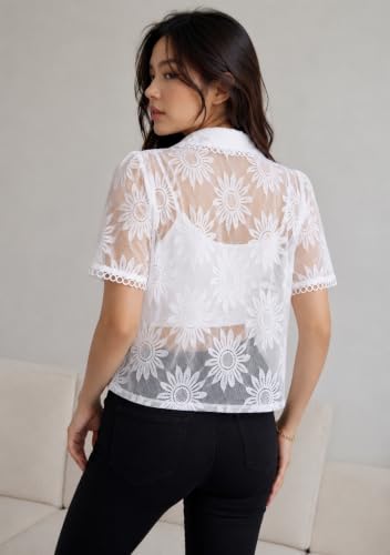Image of Women's Floral Embroidered Shirt | Elegant Short Sleeve Shirts for Casual & Office Wear | Stylish Summer Button-Down Shirt for Girls & Women