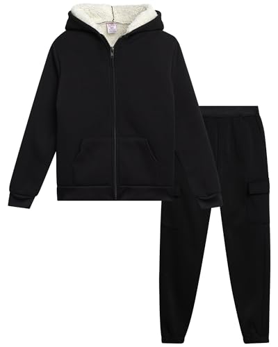 Real Love Girls Sweat Suit Set - 2 Piece Cozy Sherpa Lined Zip Up Hoodie and Cargo Jogger Sweatpants for Girls (Sizes:5-16)