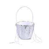 EXCEART Silver Sequin Flower Girl Basket with Satin Bowknots Pearl Rhinestone Embellishments 8.66 Inch Wedding Ceremony Decoration for Flower Girls