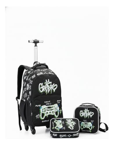 Mochila Escolar Juvenil com Rodas 360°, Kit 3 Peças, Estampa Game, Mochila de Rodinhas com Alça Telescópica, Lancheira e Estojo