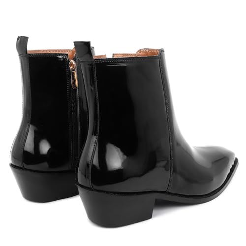 Image of LOZANO Italian Cut Black Patent Leather Chelsea Boots for Men | High Ankle Cuban Heel Square Toe Zip Closure Cushioned Insole Boot