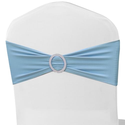MAGTOWNE Baby Blue Chair Sashes 50 Pack for Wedding Decor Blue Spandex Chair Sashes Light Blue Chairs Bows Sashes, Baby Blue Sashes for Chair Covers