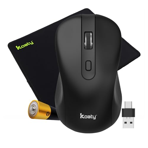 Koaty Type C Mouse & Mousepad Combo – USB Type C & Type A Wireless, Silent Click, 1600 DPI, 10m Range, Long Battery Life, Anti-Slip, Stitched Edges Mousepad for Laptop, Tablet, Desktop & Mac