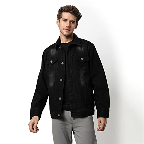 Image of Campus Sutra Men's Dark-Washed Black Regular Fit Denim Jacket For Winter Wear | Collared Neck | Full Sleeve | Buttoned | Casual Denim Jacket For Man | Western Stylish Denim Jacket For Men