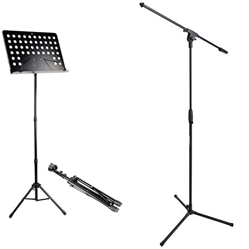 RockJam Adjustable Orchestral Sheet Music Stand. & Amazon Basics Adjustable Boom Height Microphone Stand with Tripod Base, Up to 85.75 Inches - Black