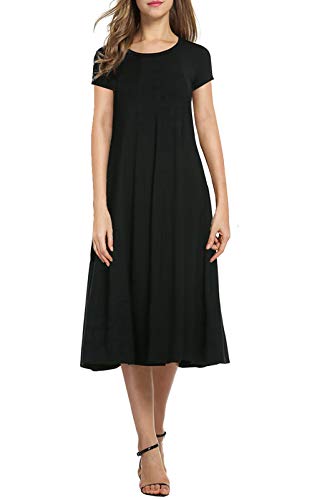 Necooer Women's Casual Loose Plain Pleated Long Dress Short Sleeve Midi Dresses2
