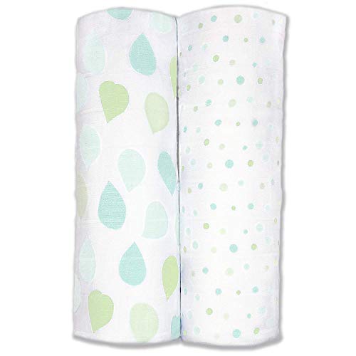 Image of Amazing Baby Silky Swaddle Muslin Blankets, Set of 2, Bamboo Viscose, Leaves and Dots, SeaCrystal