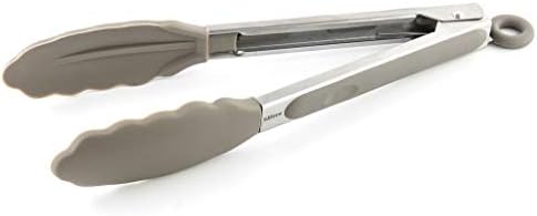 SJDREW 1 Piece Premium Stainless Steel & Grey Silicone Kitchen Tong - 9 inch (23cm) Easy Grip Heat Resistant Non-Stick Locking Clip Dishwasher Safe Ideal for Serving Food