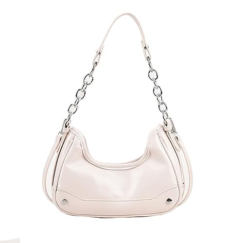 BSLONG Luxury Silver Shoulder Bag with Dumpling Shaped Bright PU Under Arm Purse, Women Small Chain Crossbody Clutch Bag (White)