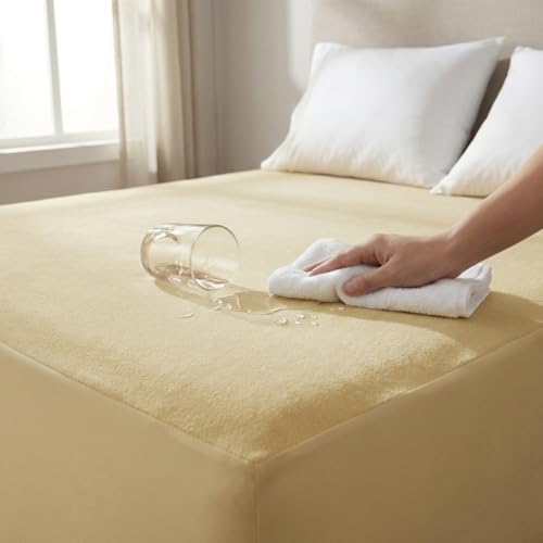 Image of Naksh Mattress Protector King Size Cotton (72x78x10 Inch Drop), Beige | Fitted Elastic Waterproof Bed Protector | Soft Absorbent Terry Fabric | Heavy Quality | Leak & Spill Protection