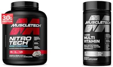Muscletech Whey Protein Powder & Multivitamin for Immune Support - Nitro-Tech Muscle Building Formula with Whey Protein Isolate & Peptides, 30g Protein, 3g Creatine, 6.8g BCAAs, and Platinum Multivitamin with 18 Vitamins & Minerals