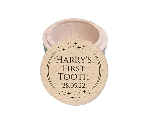 LunaTastic Gifts Personalised Wooden My First Tooth Box, New Baby Christening Baby Memory Gift, Engraved Trinket Keepsake Box - Stars