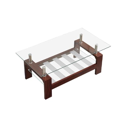 Image of Royaloak Muar Malaysian Glass Center Table | Tempered | Wooden Base | Centre Table for Drawing Room, Office, Living Room | Unique Coffee Table with Bottom Shelf for Utility