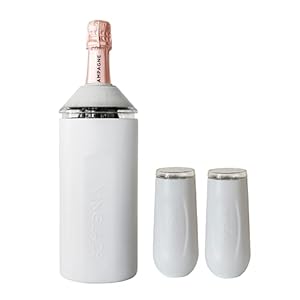 Vinglacé Champagne Bottle Chiller Gift Set- Portable Stainless Steel Sparkling Wine Cooler with 2 Stemless Champagne Flutes, White