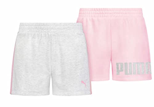 PUMA Girls 2pk Performance Fleece Graphic Logo Short Set (Pink/Gray Stripe, Large)