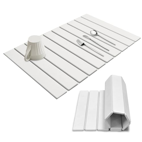 Firmlly Large Stone Dish Drying Mat 24x16 Inches | White Heat-Resistant Collapsible Kitchen Mat | Ultra Absorbent Quick Dry Diatomaceous Earth Pad for Dishes, Bottles, Pots