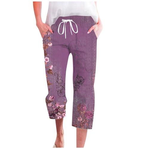 Womens Capris with Pockets Loose Fit Trendy Floral Print Capri Pants Elastic Drawstring Fashion Cargo Shorts Hiking Joggers