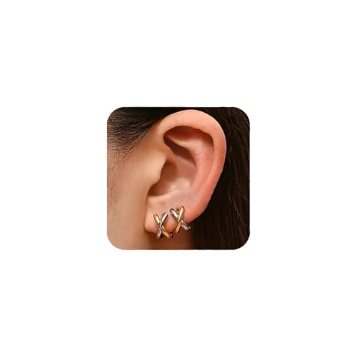 14K Gold Plated X Shaped Hoop Earrings for Women, Minimalist Small Huggie Hoop Earrings for Women