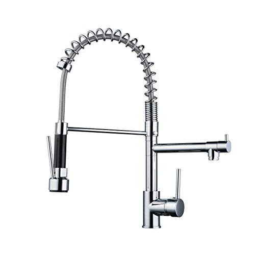 Commercial Kitchen Faucet with 360 Swivel High Arch,Pull Down Sprayer Spring,Two Spout Outlet Kitchen Sink Faucet,Polished Chrome,Beelee BL0783S