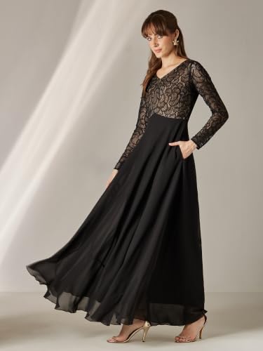 Image of Miss Chase Women's V-Neck Full Sleeve Self Design Lace-Overlaid Georgette Maxi Dress
