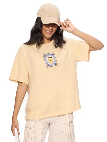 Image of The Souled Store Coffee Stamp Women and Girls Short Sleeves Round Neck Applique Patch Cotton Oversized T-Shirts