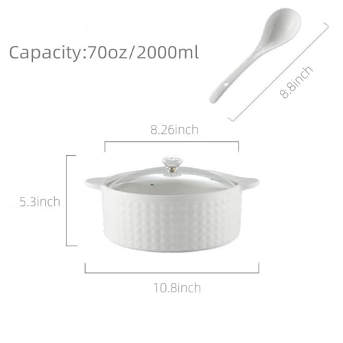 Soupière à soupe en céramique avec couvercle et louche – Bol de service en porcelaine de 2 L, passe au micro-ondes et au lave-vaisselle, double poignée pour un service facile