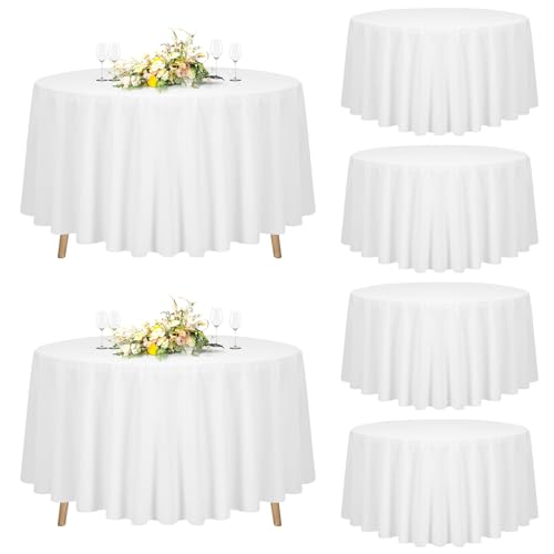 Teruntrue Lot de 6 Nappe Ronde Blanche Tissu de 228cm, Lavable Nappes pour Tables Ø90-180 cm,Grande Nappe Ronde en Polyester pour Fête Mariage Buffet Camping...