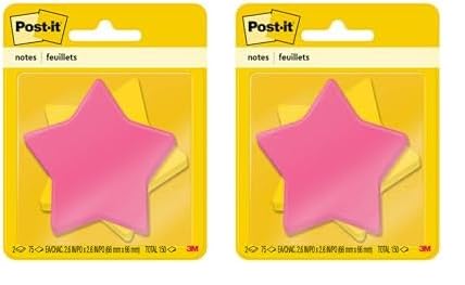 Post-it Notes, Star Shape, Yellow and Pink with Pattern, 2.9 in x 2.8 in, 2 Pads, 75 Sheets/Pad (7350-STR) (Pack of 2)