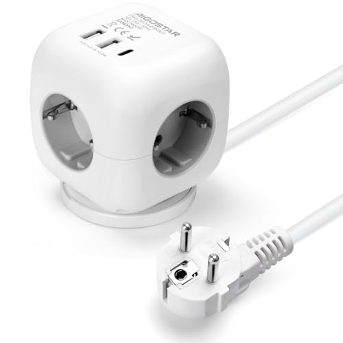 Aigostar Cubo Regletas Enchufes con Interruptor Regleta 3 Tomas, USB 2A+1C, Cable de 1.5M Regreltas, Oficia, Casa