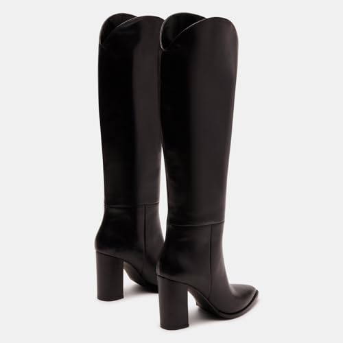 Knee High Black Boots - Women's Pointed Toe Tall Boots with 3.5 In Chunky High Heel & Pull On Faux Leather4