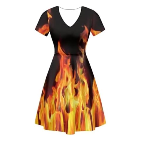 Youngerbaby Fashion Fire Dress Women Tank Dress Party Summer Dress Teen Girls Dress Skirts Short Sleeve V Neck Beach Swing A-Line Dress Casual Cover